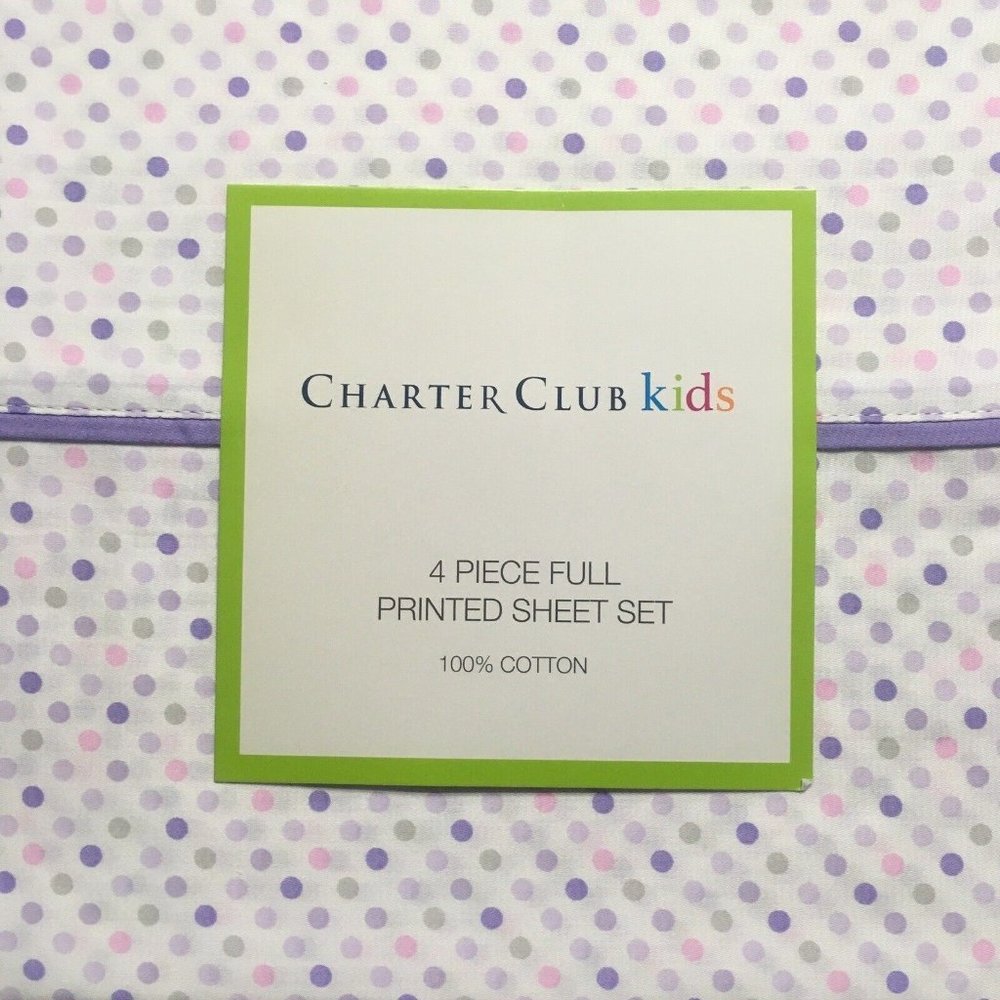 brand new Charter Club Dot-Print 100% Cotton FULL Sheet Set in Purple on White